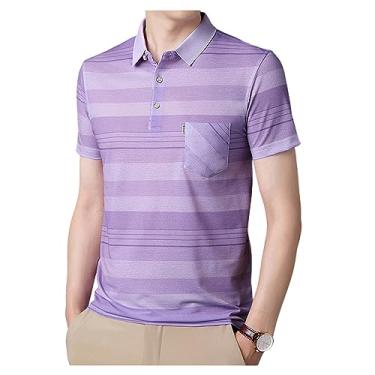 Imagem de Camisa polo masculina de cor sólida manga curta gola lapela fina listrada camiseta de negócios, Cor 1, M