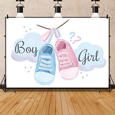 Imagem de Mestiker Pano de fundo fofo revelador de gênero rosa ou azul sapatos de chá de bebê fundo de fotografia menino ou menina revelação de gênero faixa de festa decoração de mesa de bolo cenários de vinil