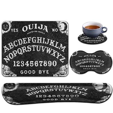 Imagem de Mouse pad preto com borda costurada, base de borracha antiderrapante, desenho animado Ouija Board padrão de bruxa, mousepad ergonômico com apoio de pulso de teclado de espuma de memória, acessórios de