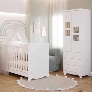 Imagem de Quarto de Bebê Completo Berço Americano Ben 3 Em 1 Guarda Roupa Uli 2 Portas 3 Gavetas Branco Carvalho 100% Mdf Móveis Peroba Branco Brilho