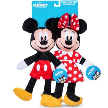 Imagem de Disney Para animais de estimação, Mickey Mouse e Minnie Mouse Squeaker de pelúcia com laço achatado enrugado, conjunto de brinquedos para cães | Brinquedo de pelúcia para cães inspirado no Mickey