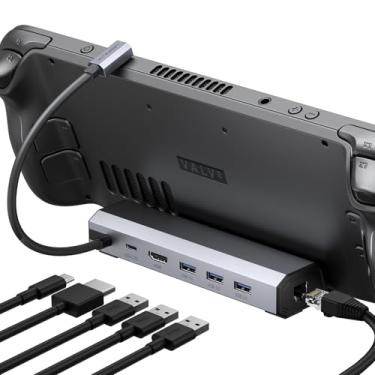 Imagem de JSAUX Estação de ancoragem para Steam Deck/ROG Ally/Legion Go/MSI Claw, base 6 em 1 para Steam Deck, HDMI 4K a 60Hz, Gigabit Ethernet, 3 USB A 3.0 e carregamento de 100W, compatível com Steam Deck