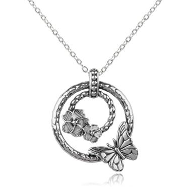 Imagem de Colar vintage de borboleta de argola dupla prata para mulheres, banhado a ouro branco 14K, colar com pingente de borboleta, punk, retrô, borboleta, gargantilha ajustável, joia de inseto, presente para