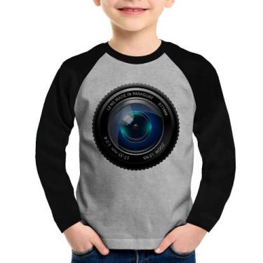 Imagem de Camiseta Raglan Infantil Lente Câmera Manga Longa - Foca na Moda, Cinz