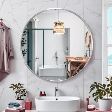 Imagem de Janboe Espelho redondo prateado de 71 cm, moldura de escova de alumínio, espelho de penteadeira montado na parede, espelho sem cobre de 5 mm