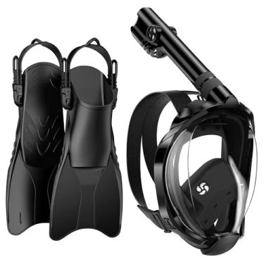Imagem de W WSTOO Conjunto De Máscara E Barbatanas De Mergulho Com Snorkel, Equipamento De Mergulho Com Snorkel Para Adultos, Máscara De Mergulho Com Snorkel De Rosto Inteiro E Nadadeiras Ajustáveis, Sistema