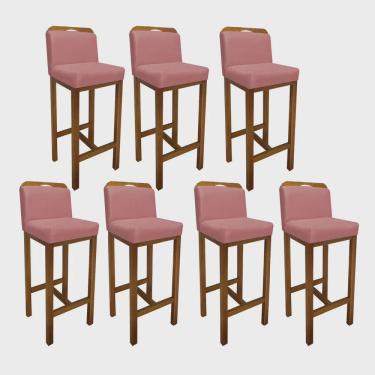 Imagem de Kit 07 Banqueta Alta Com Encosto Agnes Cozinha Balcão Bistrô Base Madeira Rústico Suede Rose Gold - Ahz Móveis