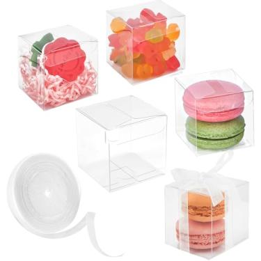 Imagem de Jutieuo Pacote com 100 caixas de lembrancinhas transparentes de 5 x 5 x 5 cm com fitas, caixas de petiscos transparentes para mini cupcake de doces e bomba de chocolate, caixa de embalagem individual