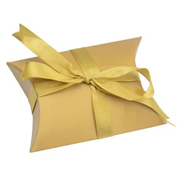 Imagem de Aokbean Pacote com 100 caixas de almofada de papel Kraft europeias para presente de casamento, lembrancinha de festa de casamento, caixa de presente de lembrancinha com fita de 50 jardas, Dourado