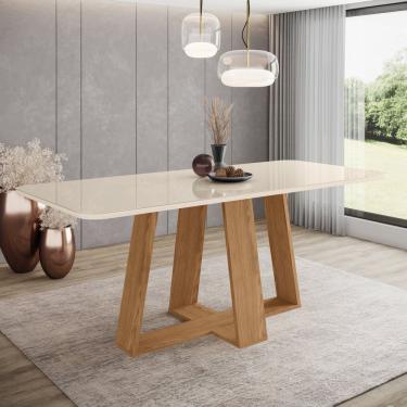 Imagem de Mesa De Jantar Para 8 Lugares 2m Tampo Mdf E Vidro Canto Arredondado Lins Nature-off White