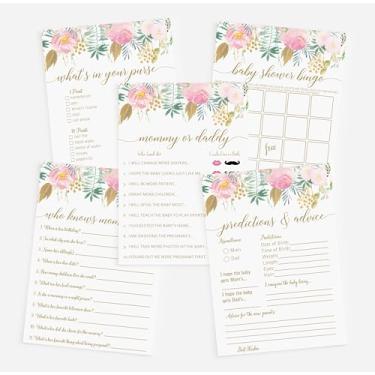 Imagem de Pacote de jogos para chá de bebê em ouro rosa floral 5 Game (250 lençóis) - 50 Who Knows Mommy Best, 50 Who Said It, Mommy or Daddy, 50 What's in Your Purse, 50 Gift Bingo, 50 Advice Predictions