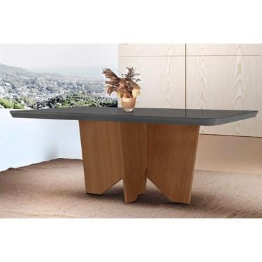 Imagem de Mesa Para Cozinha Nevada Com Tampo 180x90cm Madeirado Vidro Canto Curvo Imbuia Grafite Rufato