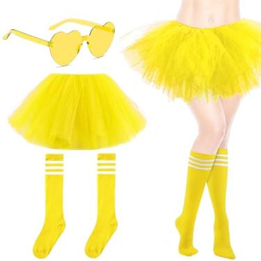 Imagem de WQSOAFU Tutu para mulheres adultas, saia de tule de 5 camadas com meias tubinhas e óculos de sol, tutu de bolha de balé para meninas, fantasia de festa de Halloween (amarelo, tamanho único)