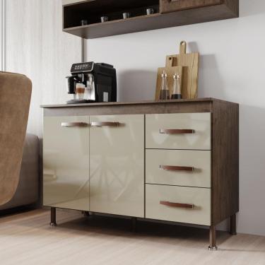 Imagem de Balcão Modulado Para Cozinha Com Tampo Fidelitá Lisboa 120cm 2 Portas 3 Gavetas Noce/Off-White