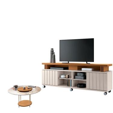 Imagem de Rack Bancada Rivera 1.8 com Mesa de Centro Sky com Tampo de Vidro Cinamomo Off White – HB Móveis