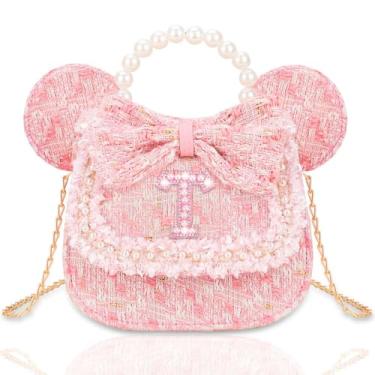 Imagem de Kejea Bolsa infantil para presentes infantis – Carteira infantil de princesa, bolsa transversal com flores de pérolas, bolsas de ombro fofas com inicial, rosa, T