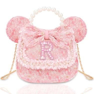 Imagem de Kejea Bolsa infantil para presentes infantis – Carteira infantil de princesa, bolsa transversal com flores de pérolas, bolsas de ombro fofas com inicial, rosa, R