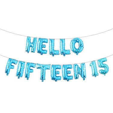 Imagem de Decorações de aniversário de 15 anos para meninas 15º aniversário Hello Fifteen Birthday Party Supplies Número 15 Balões Kit de festa de aniversário de 15 anos para sua menina (HELLO FIFTEEN 15 Blue