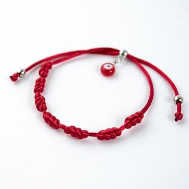 Imagem de Pulseira Sete Nós Vermelha Kabbalah Olho Grego Cetim - Lua Mística - 1
