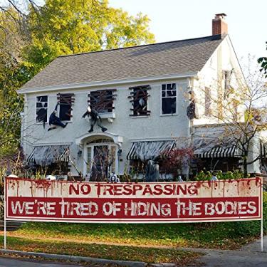 Imagem de NO TRESPASSING, WE'RE CANEADOS DE ESCONDER OS CORPOS, Banner de Halloween Grito de Terror Engraçado Decoração de Jardim de Casa, Bandeira de Decorações Internas ao Ar Livre de Halloween (9,8 × 1,6 pés)