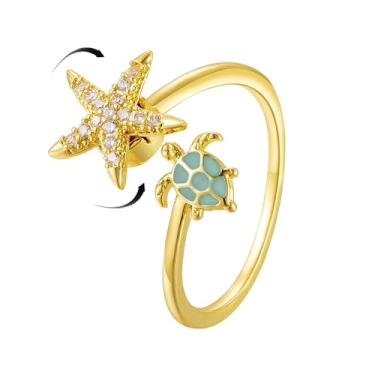 Imagem de Delicados anéis fidget femininos com estrela do mar, estrela-do-mar, tartaruga-do-mar, abertos, ajustáveis, banhados a ouro, fofo, cristal, estrela do mar, ansiedade, anel giratório de dedo com animal