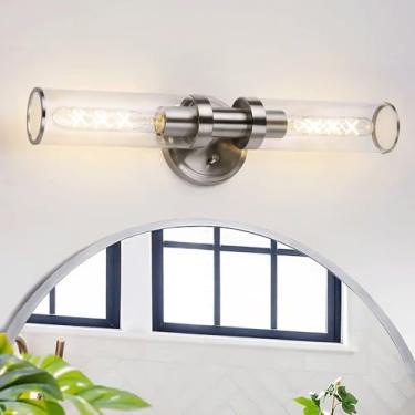 Imagem de Luminárias de banheiro sobre espelho, 45,7 cm elegantes 2 luzes modernas arandelas de parede industriais, vidro transparente e acabamento em níquel escovado perfeito para corredor do banheiro