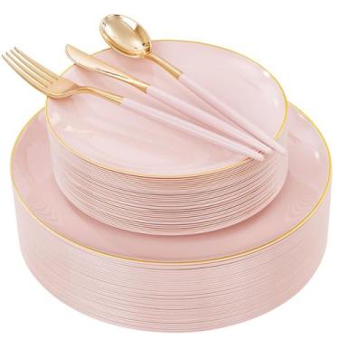 Imagem de Pratos de plástico DayAmmi 150 unidades rosa e dourado com borda doura