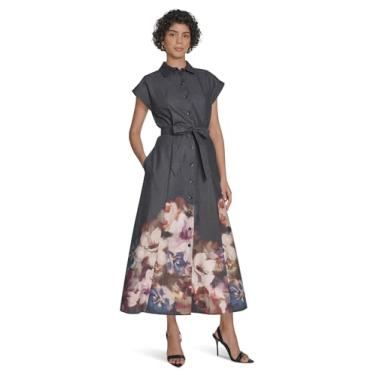 Imagem de Calvin Klein Midi feminino com borda floral de algodão, preto multi