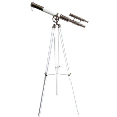 Imagem de Telescópio vintage para chão 132 cm tripé branco retrô acabamento de níquel decoração de casa e escritório Astro instrumento educacional latão antigo