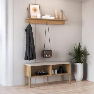 Imagem de Conjunto Sapateira Banco Estofada e Prateleira Pé Madeira Oslo - Artes