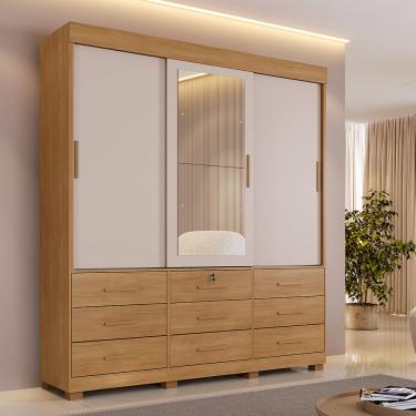Imagem de Guarda Roupa Casal com Espelho 3 Portas de Correr 9 Gavetas com Pés Londres Benetil