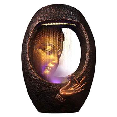 Imagem de Fonte de mesa estátua de Buda fonte de resina esculpida pedra de montanha decoração fonte humidificador interior decoração de água corrente Zen bomba de água e LED decoração de casa presente Fuen