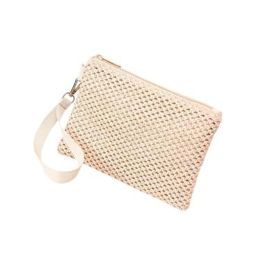 Imagem de Bolsa clutch de palha para mulheres, bolsa de mão de palha boêmia pequena bolsa de praia de verão carteira de pulso com zíper bolsa pequena carteira, Bege
