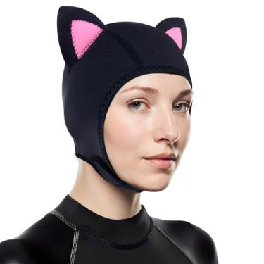 Imagem de PAWHITS Capuz com orelhas de gato, capuz ajustável de neoprene de 3 mm com ventilação de fluxo, capuz térmico de surfe para mergulho, caiaque, natação (GG)