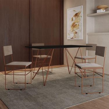 Imagem de Mesa Jantar Industrial Trama 1,40x0,80m Preta Com 4 Cadeiras Estofadas Vitória Bege E Cobre Marrom
