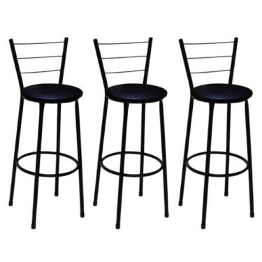 Imagem de Kit 3 Banquetas Altas Preta com Encosto Assento Preto - Fortmix