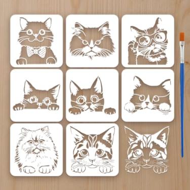 Imagem de FINGERINSPIRE 8 peças de estêncil de pintura de gato fofo com pincel 19,8 x 19,8 cm reutilizável modelo de pintura de gato modelo de estêncil decorativo tema animal para parede, móveis, madeira, papel