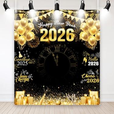 Imagem de MEHOFOND 1,8 x 2 m preto e dourado 2026 feliz ano novo pano de fundo adeus 2025 Olá 2026 festa de ano novo fotografia balão fogos de artifício pontos brilhantes Cheers to 2026 cabine de fotos adereços