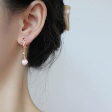 Imagem de Brincos pendentes com clipe para mulheres, pedra do mês de novembro, hipoalergênicos, não perfurados, sem dor, Medium, Cobre, Pérola