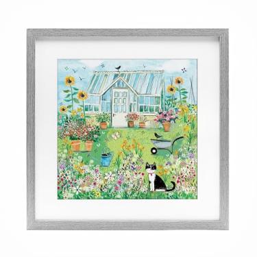 Imagem de Stupell Industries Impressão emoldurada de jardim com efeito de estufa e gato cinza sob vidro, design de Clare Tupper, 33 x 33