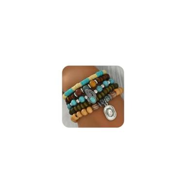 Imagem de YYDSVOVO Pulseiras turquesa ocidentais vintage empilháveis Western Cowgirl Boho lLayered cabeça de boi cacto cruz vaca stretch berloque contas elásticas joias acessórios country, adjustable, Sem Pedra