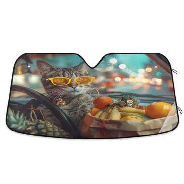 Imagem de SEHANY Engraçado dirigindo gatos pára-brisa, protetor solar dobrável, protetor de viseira de sol bloqueia raios UV para manter o veículo fresco protetor de viseira de sol para carro caminhão SUV 139.7
