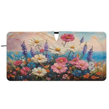 Imagem de Blueangle Pára-brisas para pintura de margaridas - 149,9 cm x 76,2 cm dobrável para janela dianteira do carro blocos de para-sol raios UV viseira de sol (581)
