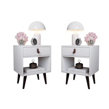 Imagem de Kit 2 Mesas de Cabeceira Mesinha Para Quarto 1 Gaveta Puxador em Couro Ravenna - Branco