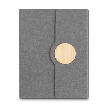 Imagem de Caderno de Anotações Ecológico, Capa em Tecido RPET com Detalhe em Bambu, 80 Folhas Pautadas, Suporte para Caneta, 21x16cm (1, Cinza)