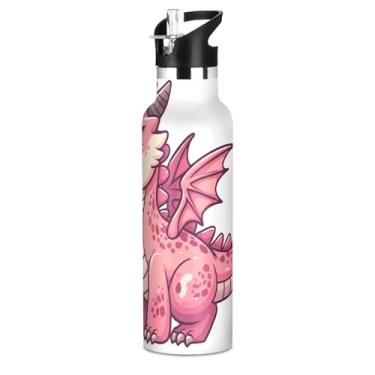 Imagem de Joisal Garrafas de água isoladas de aço inoxidável de 590 ml com tampa de canudo fofo dragão rosa garrafa de água branca para meninos meninas copos de viagem para crianças livre de BPA à prova de