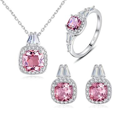 Imagem de Anel de prata esterlina 925 CZ Zircon Halo Simulado Morganita Colar Brincos para Mulheres, Zircônia Cúbica Corte Almofada Nano Rosa Pedra Preciosa S925 Banhado a Paládio Tamanho Pequeno Pingente