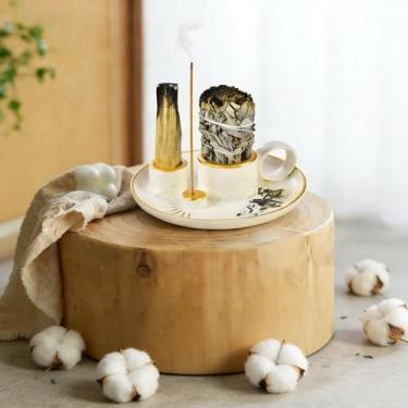 Imagem de Incenso de cerâmica multifuncional 4 em 1 e suporte de vela com bandeja coletora de cinzas de 15 cm - para queimar sálvia branca, palitos de Palo Santo, decoração de casa de sala de meditação