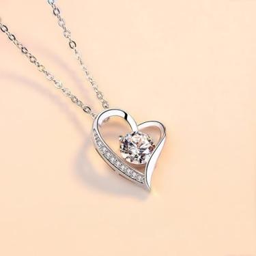 Imagem de Colar de coração banhado a prata para mulheres, colares com pingente de coração de zircônia cúbica, colar elegante e elegante, simples, fofo, colar, joia presente para mulheres