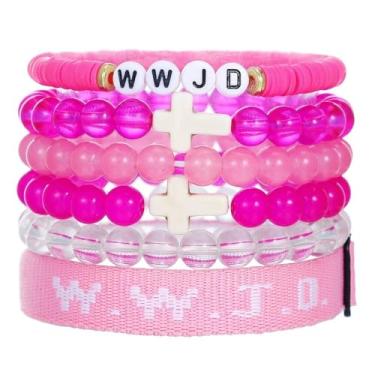 Imagem de Involsionary WWJD Pulseira de corda trançada feita à mão com contas de cristal cruz pulseiras elásticas O que Jesus faria pulseiras religiosas cristãs para mulheres homens Páscoa fé amizade joias